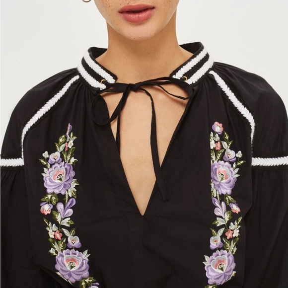 Topshop Embroidered Poplin Tie Neck Top - Picture 2 of 6